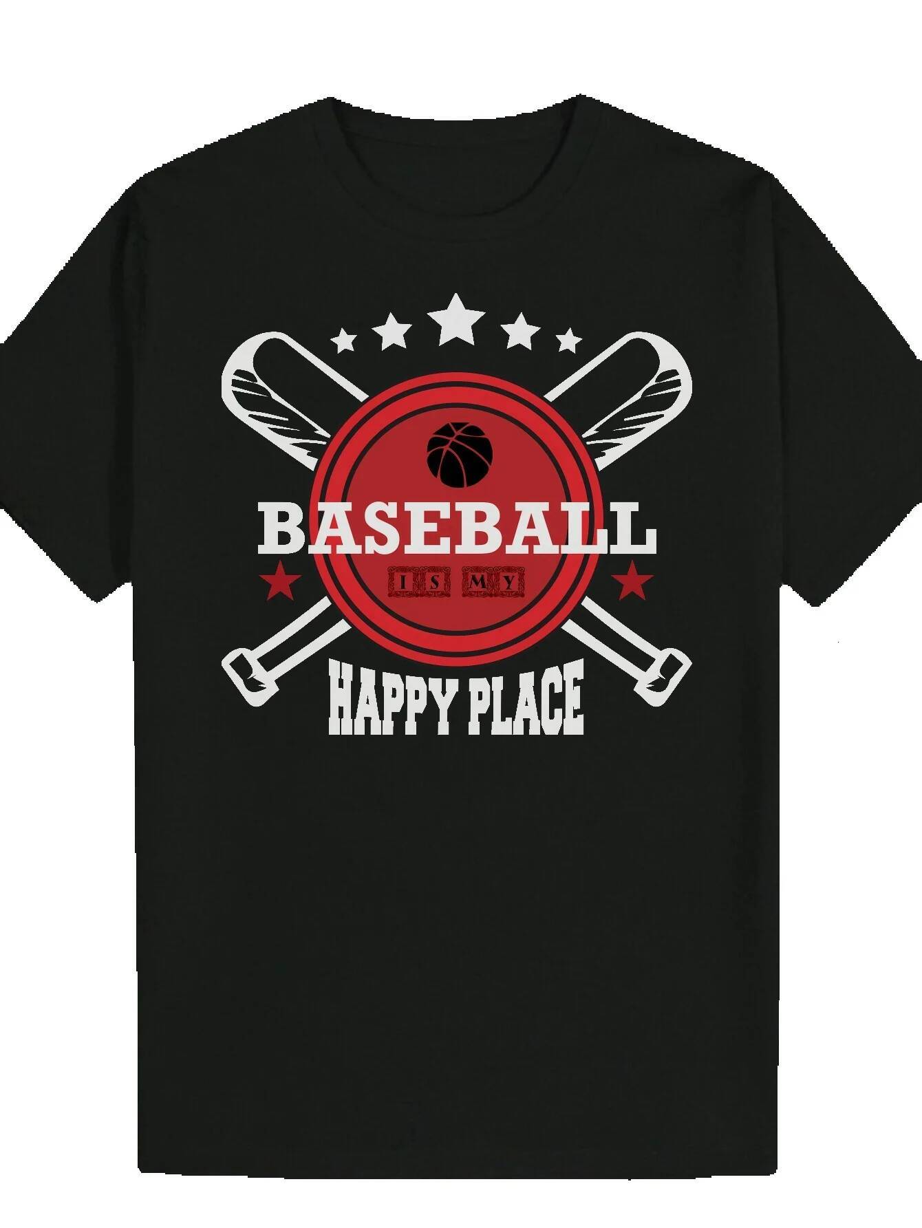 Men's Summer Baseball Pattern - Black Polyester T-Shirt with "Baseball" Words, Bat and Star Cross Design, "Happy Place" Sloga