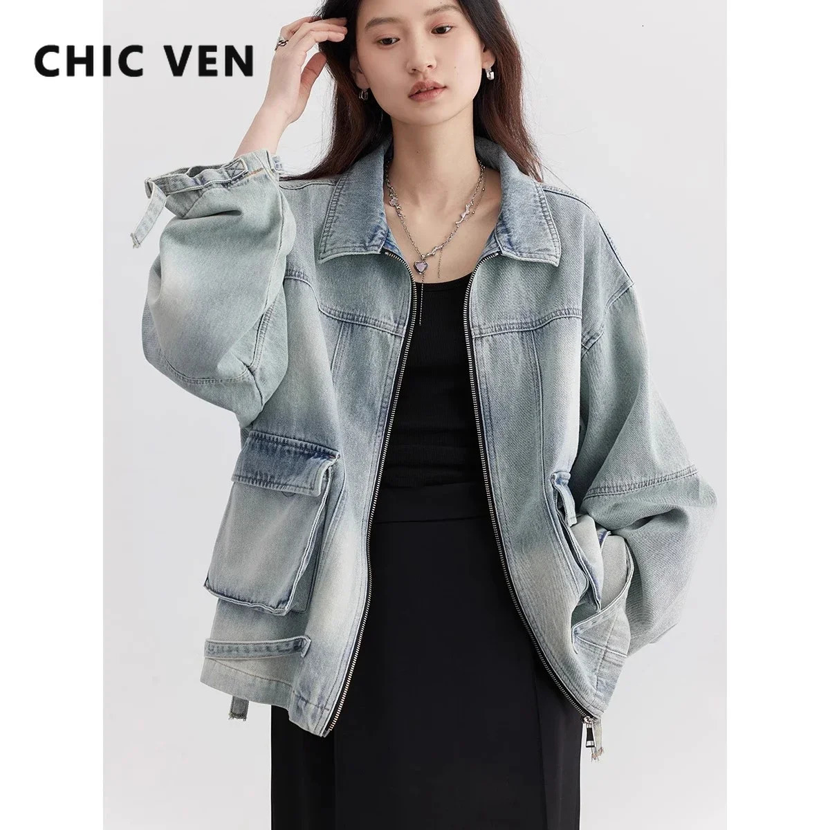 CHIC VEN Women Jacket Loose Casual Blue Cotton Denim Jack for Woman outerwear Female Overcoat Cowboy Coat Spring Autumn 250809