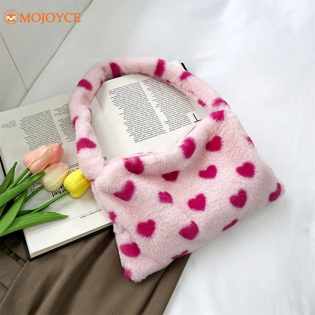 INS Fashion Women Plush Flower Pattern Shoulder Bags Elegant Female Underarm Fur Handbag Furry Fluffy Tote n 250811
