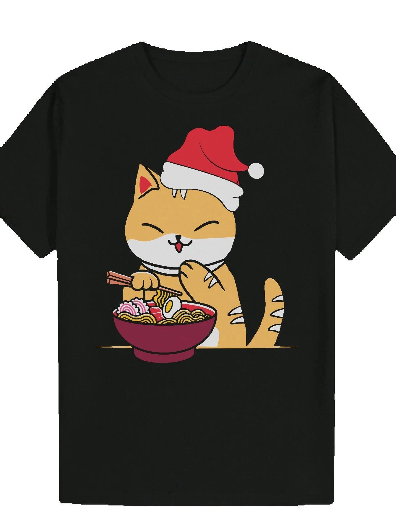 Men's Summer Short Sleeve T-Shirt - Black Cartoon Eating Noodles Pattern, 100% Polyester Crew Neck T-Shirt, Machine Washable, Suitable for Casual