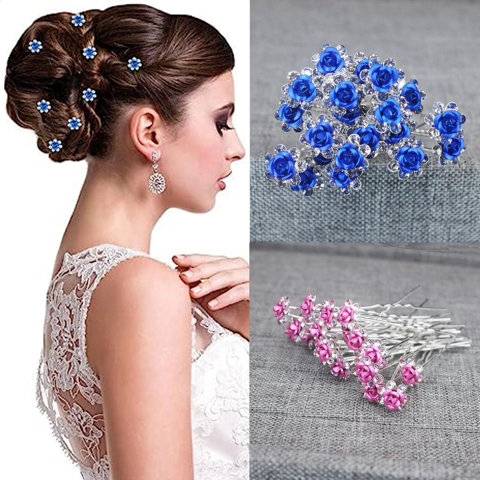 20PCS Rose Flower Hair Clips Crystal Pins for Bridal Wedding Party Daily Life Women Jewelry Acessories 250804