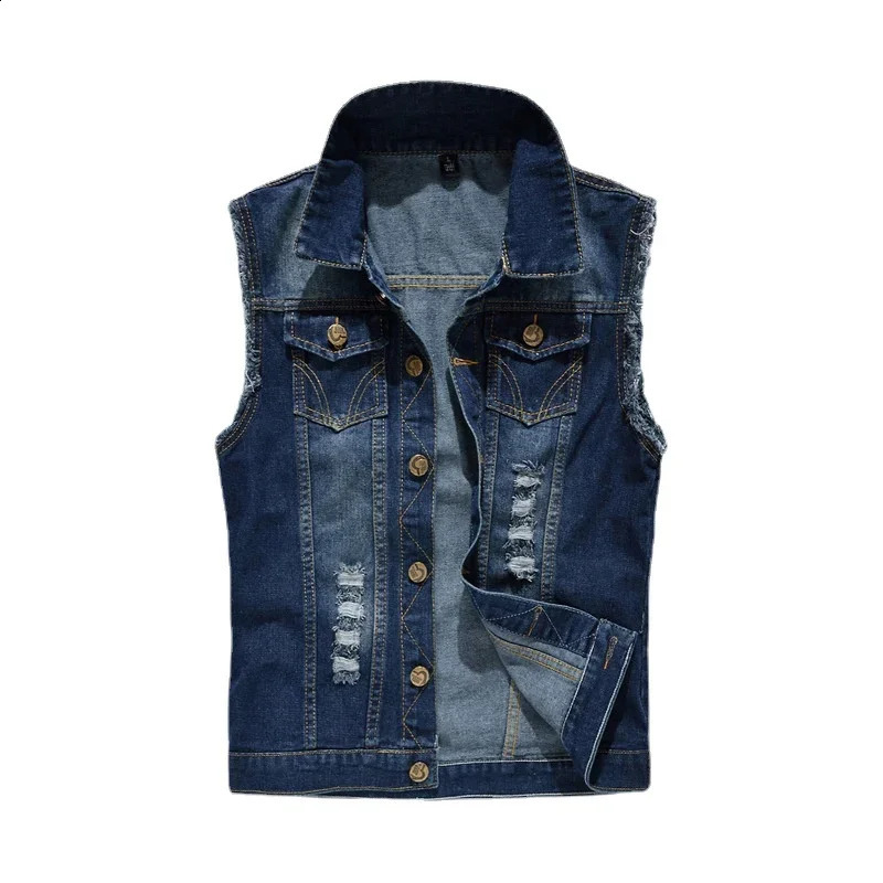 Men Denim Vests Jackets Waistcoats Light Blue Ripped Denim Coats Vests Fashion Male Cotton Slim Black Jeans Waistcoats 6XL 250809