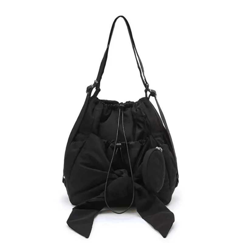 Women Simple Shoulder Bag Large Capacity Bow Drawstring Backpack Solid Color Daily Tote Handbag Female Outdoor 250811