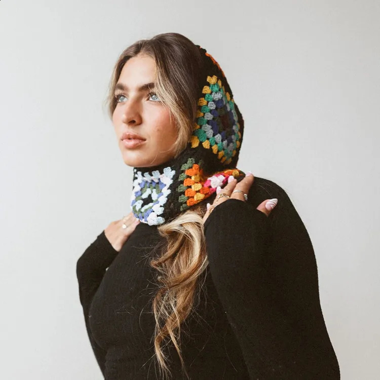 Colorful wool knit Balaclava Granny wooden Square Winter warm Crochet Hoodie hat Winter Accessories 250808
