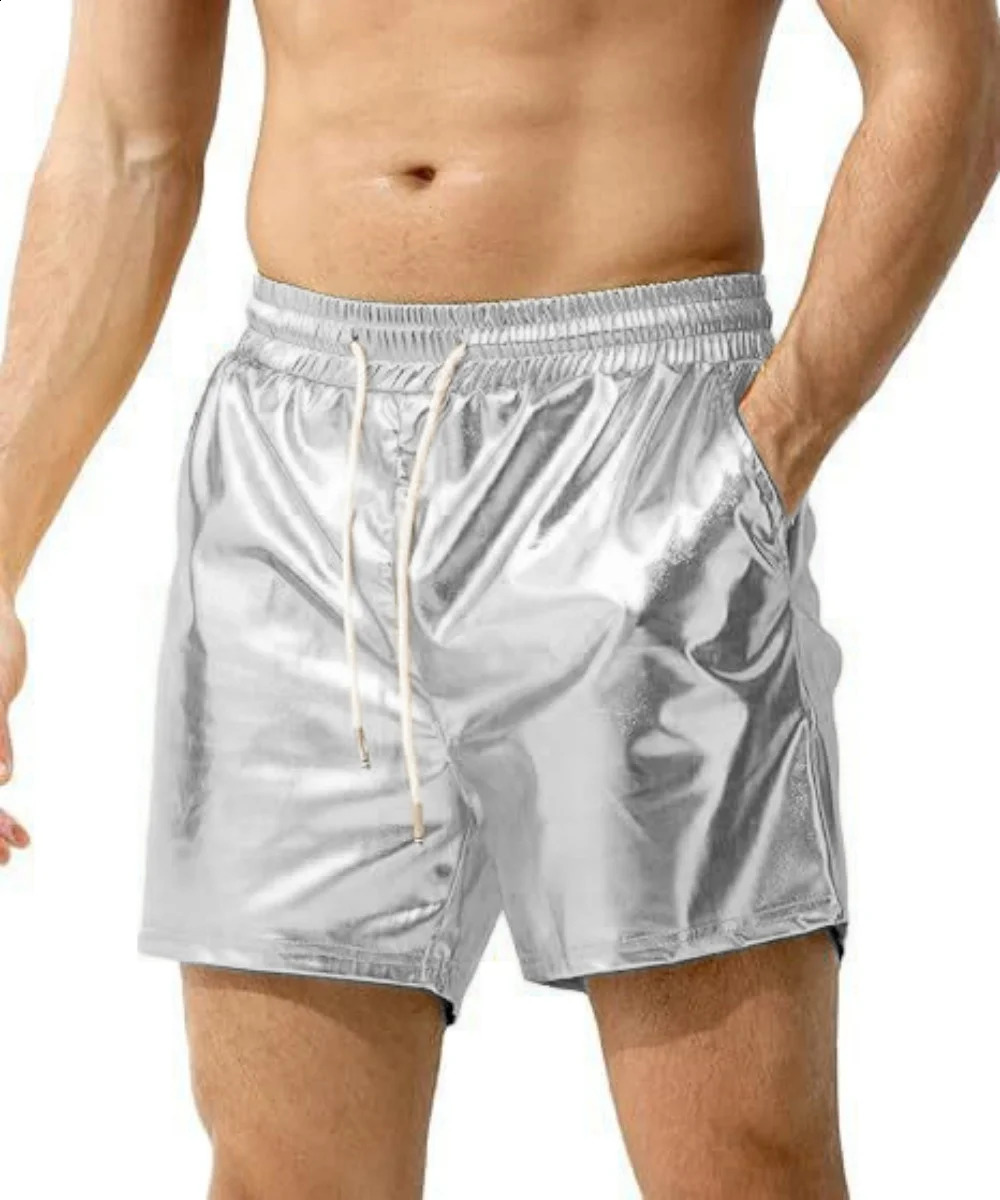 Mens Stage Performance Nightclub Shorts Bright Golden and Silvery Fashion Beach Board Short Pants 250729