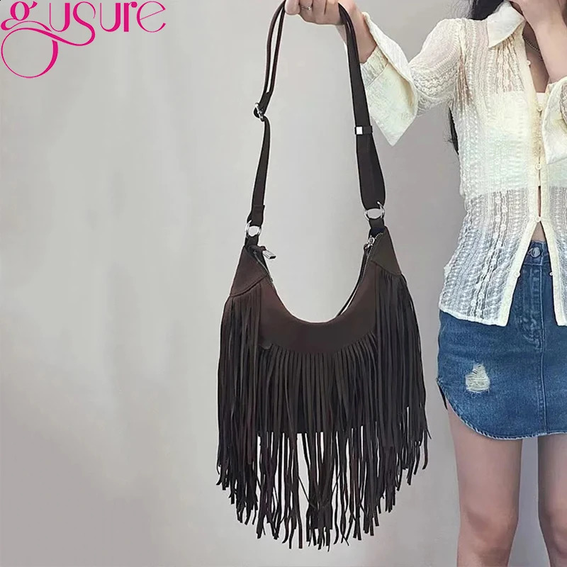 Gusure Vintage Tassel Crossbody Shoulder Bags Women Fashion Suede Small Handabg and Purse Female Armpit Hobos Bag 250807