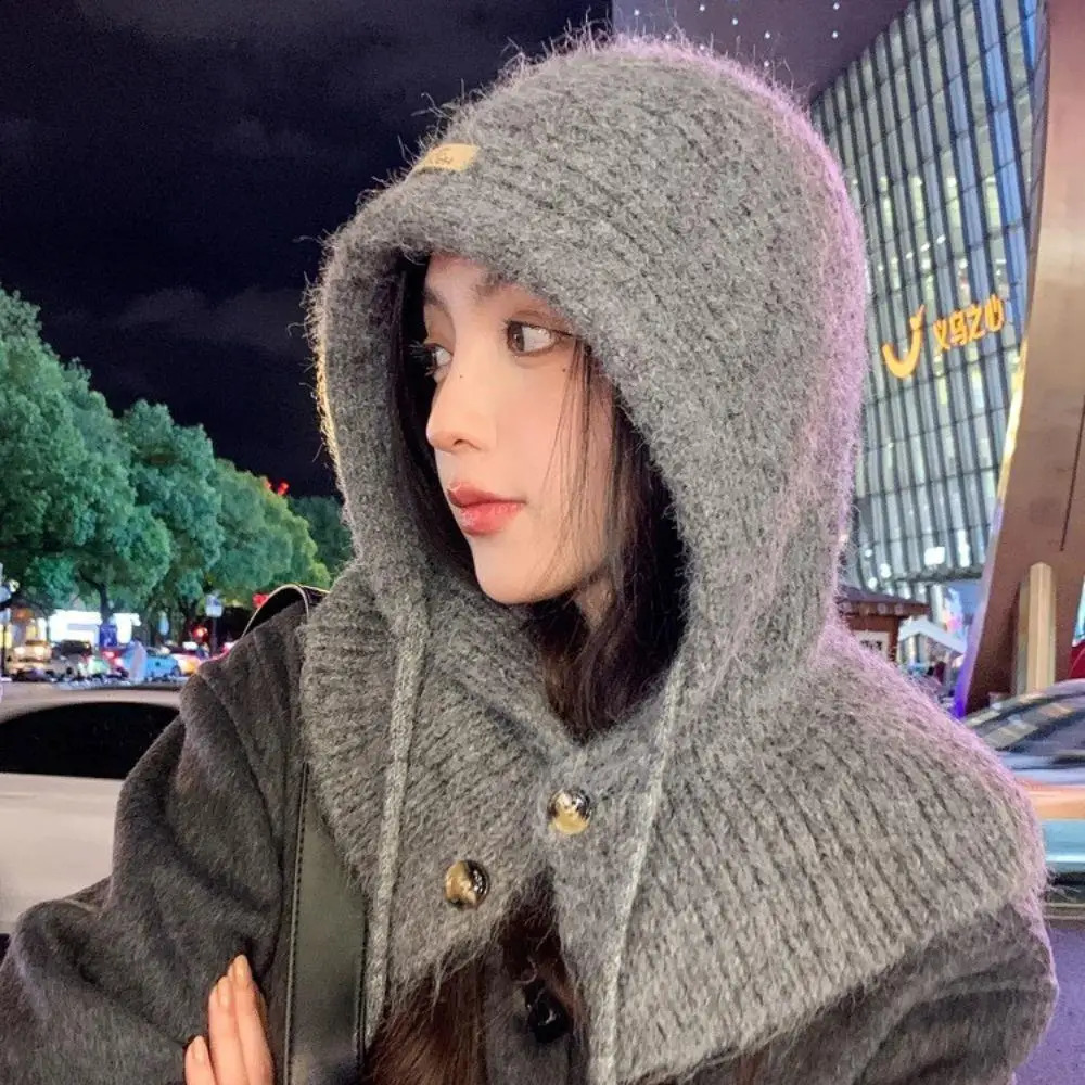 Winter Beanie Hats One-Piece Knit Wool Balaclavas Hooded Caps Korean Style Womens Winter Hood Neck Warmer Cycling Beanies Caps 250808