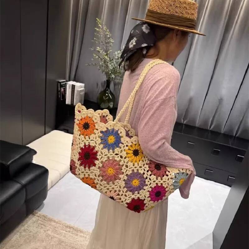 Fashion Vintage Flowers Handmade Knitting Crochet Shoulder Knitted Handbags Tote Women Designer Female Hand Bag high-quality