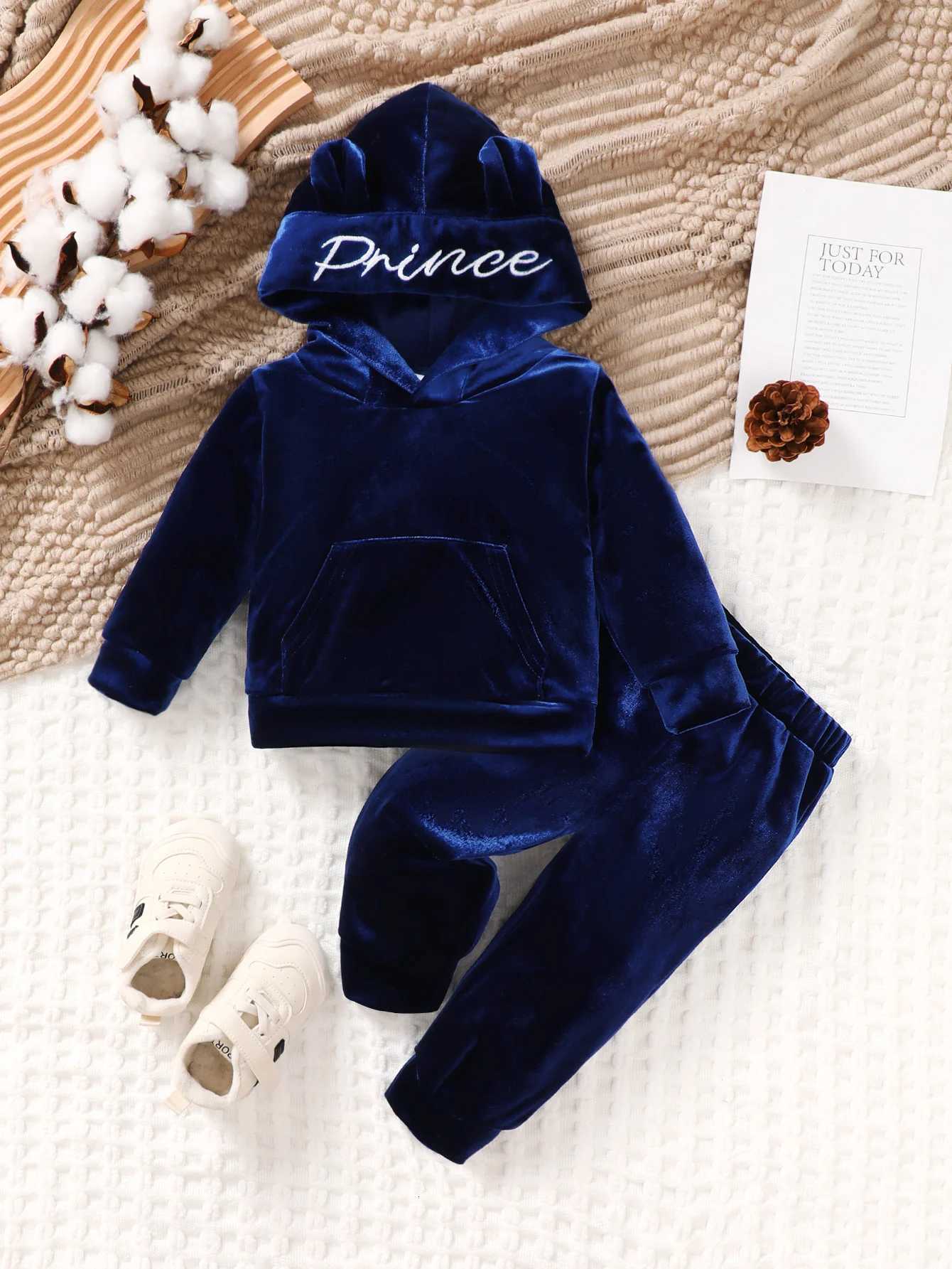Boys Velvet Set Long Sleeve Hooded Ears Big Pocket Hoodie+Long Sleeve Casual Simple Versatile Velvet Two Piece Set Prince Z250811
