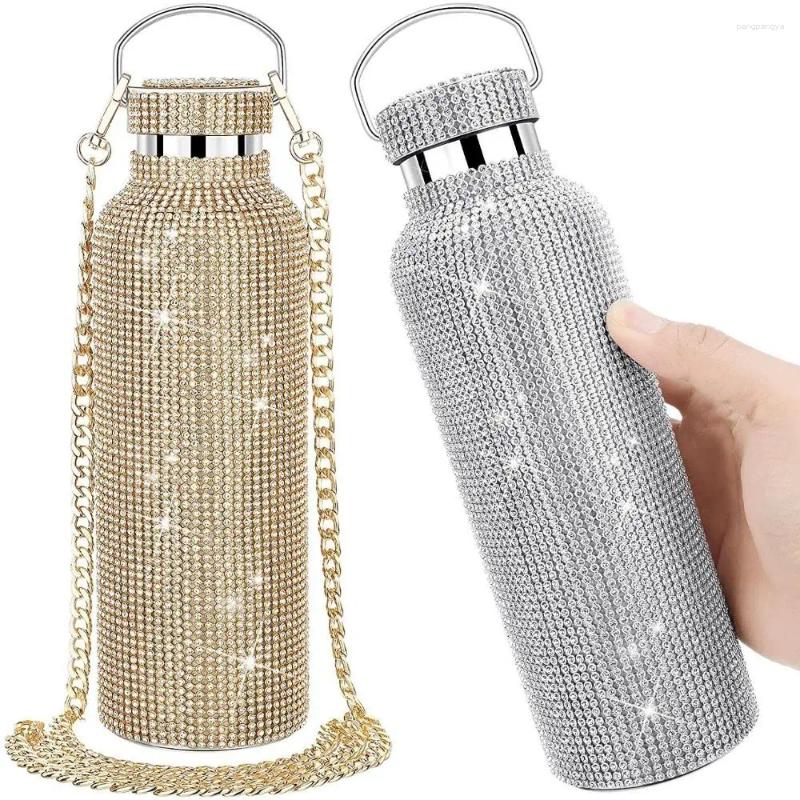 Water Bottles Thermal Rhinestone Bottle Stainless Steel Chain Bling Cups Removable Carrying Strap Refillable Glitter Tumbler Travel