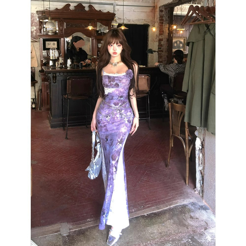 2025 Summer New Women's Original Style Mature Style Purple Dress Summer New Waist trend Tight Strap Dress Lace Long Dress New Designer