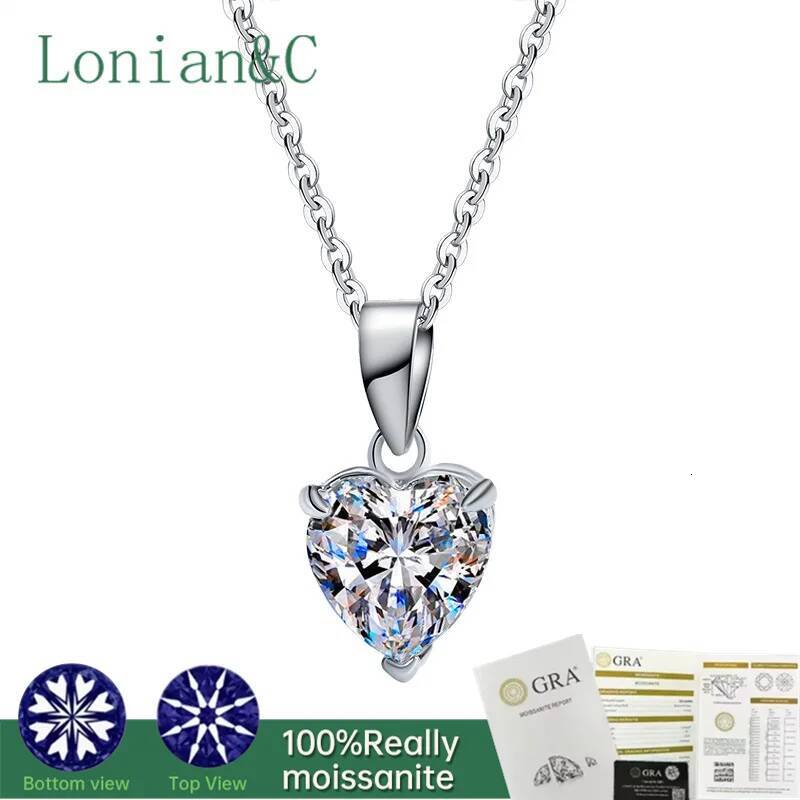 Lonian&C 1CT 2CT Heart Shaped Cut Moissanite Necklace Women Plated White Gold Sterling Sier Pendant Dia Test Pass