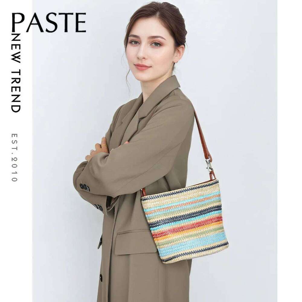 New Summer Simple Design Colorfull Bucket Tote RAFFIA Grass Weaving Leisure Beach Vacation Women Single Shoulder Crossbody Bag