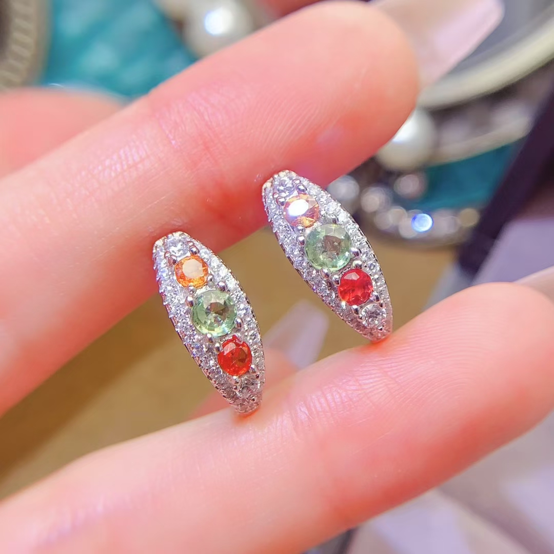 Allergy free 925 silver sapphire hoop earrings with thick 18K gold plating 3mm and 4mm natural sapphire earrings for party