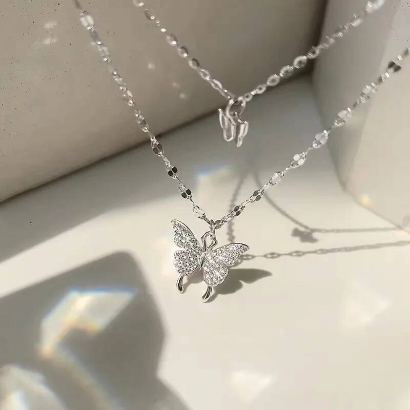 Popular Sterling Sier Double Layer Butterfly Necklace Zirconia Insect Pendant Birthday Gift For Women's Fine Jewelry