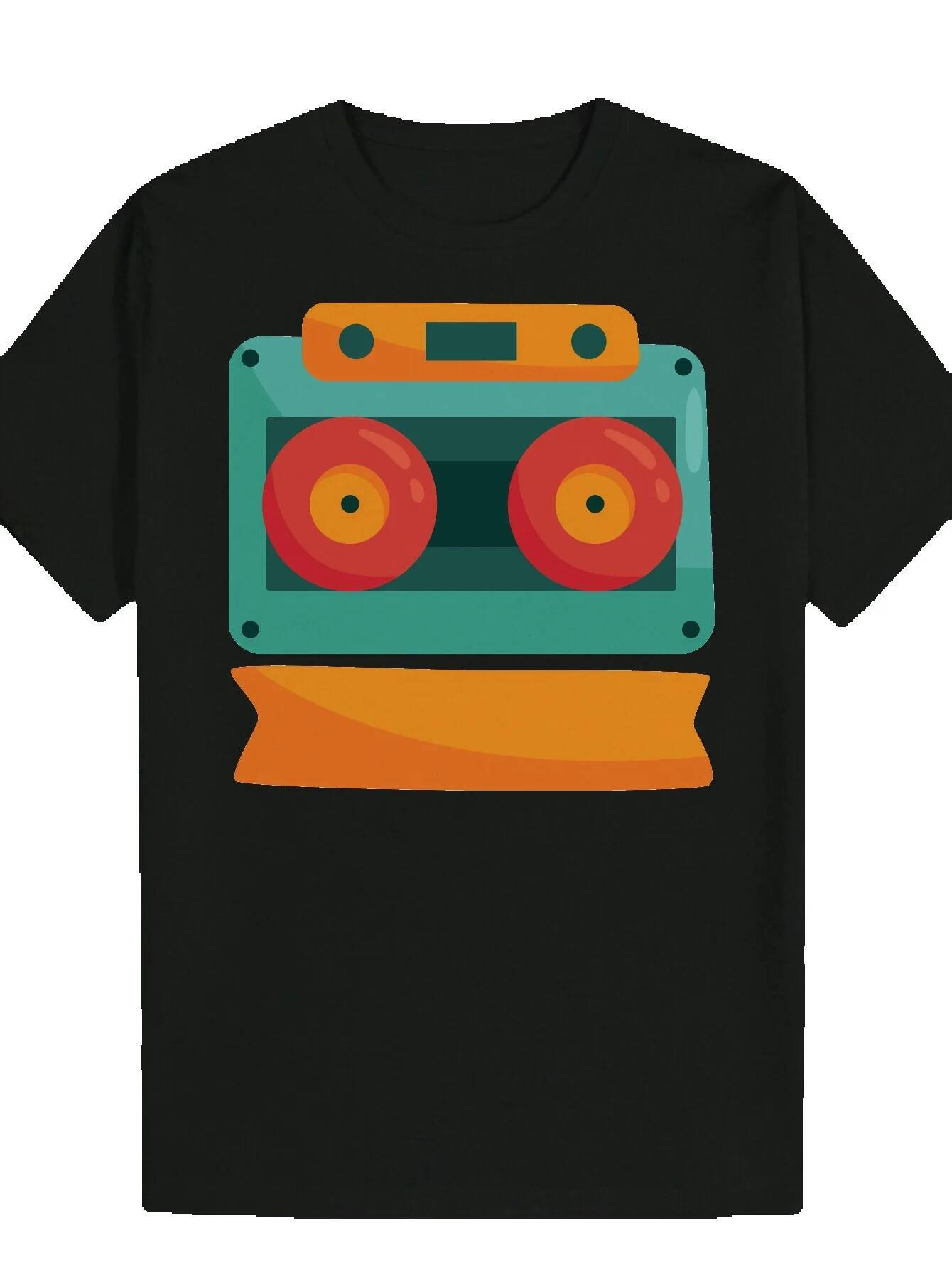 Men's Summer Pattern T-Shirt - Cassette Print, Black Polyester Crew Neck T-Shirt, Breathable and Machine Washable, Suitable for Casual Wear