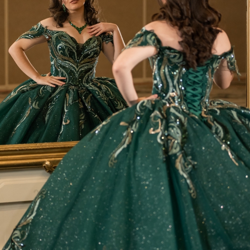 Blackish Green Shiny Quinceanera Dresses Off The Shoulder Sequin Applique Lace Beading Crystal Tull Party Birthday Ball Gown Vestidos De 15 Anos Sweet