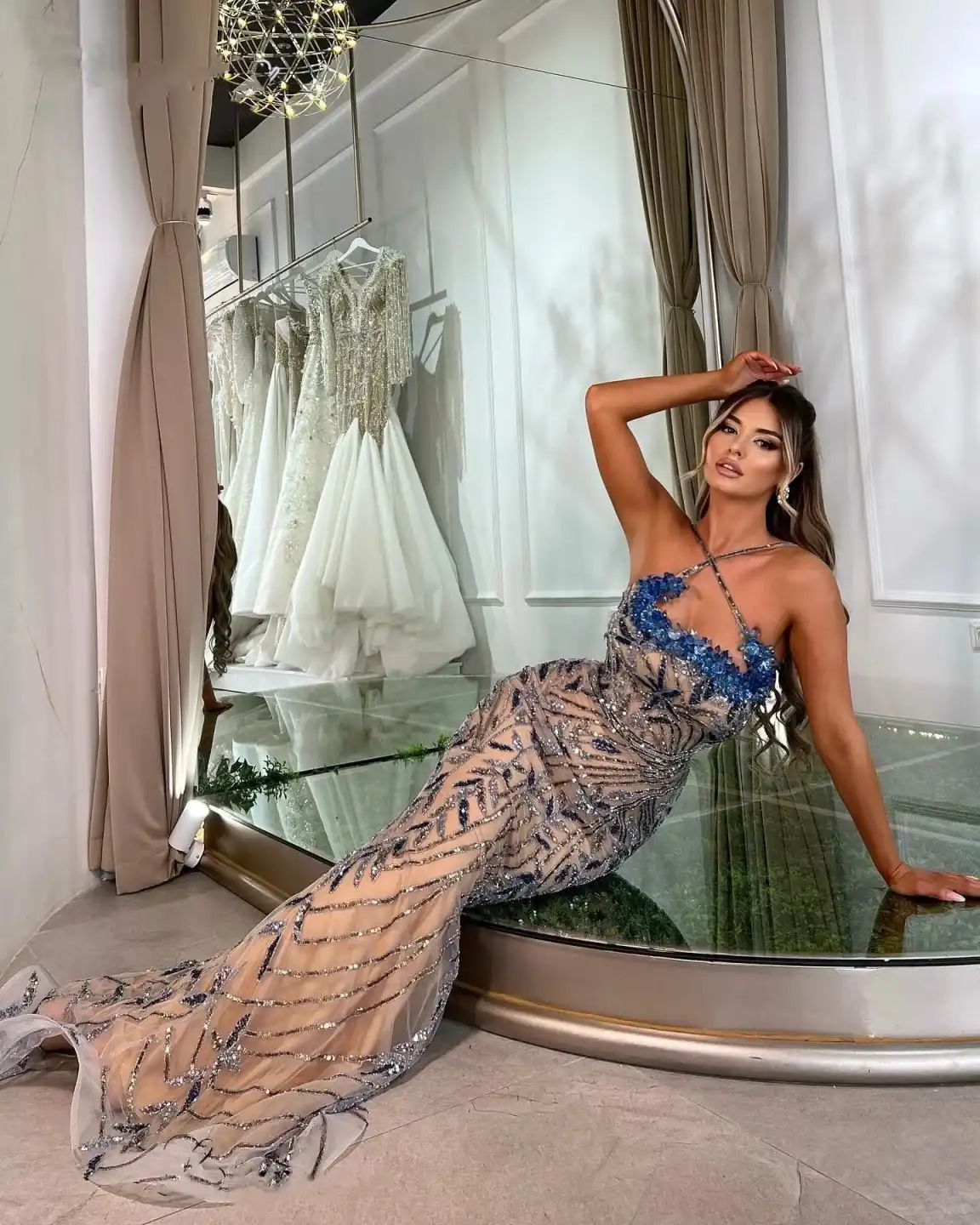 Fully Handmade Beaded Evening Dresses Prom Dress Backless Celebrity Dresses Luxury Sleeveless Formal Party Dress Plus Size For Formal Occasion Vestido