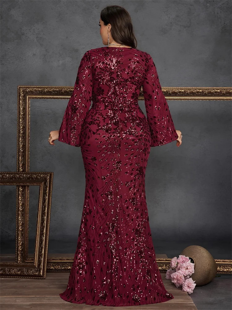 BLUEPLUM Plus Size y Black Evening Dresses Women Long Sleeve Mermaid Formal Sequins Prom Wedding Party Cocktail Gowns 250811