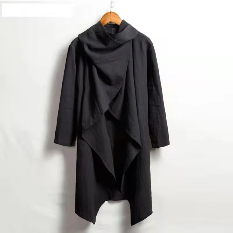 Vintage Ponchos Men Irregular Cardigan Coats Long Sleeve Scarf Collar Trench Cotton Outwear Solid Cloak Jackets Streetwear 250804