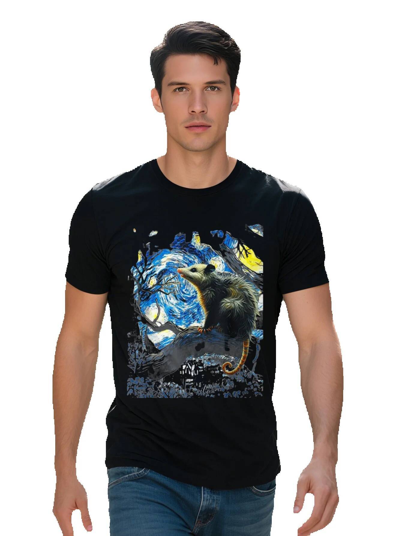 Men s Retro Opossum Starry Night Graphic T Shirt Cotton Black Short Sleeve Tee with Vintage Van Gogh Art Design ffccb