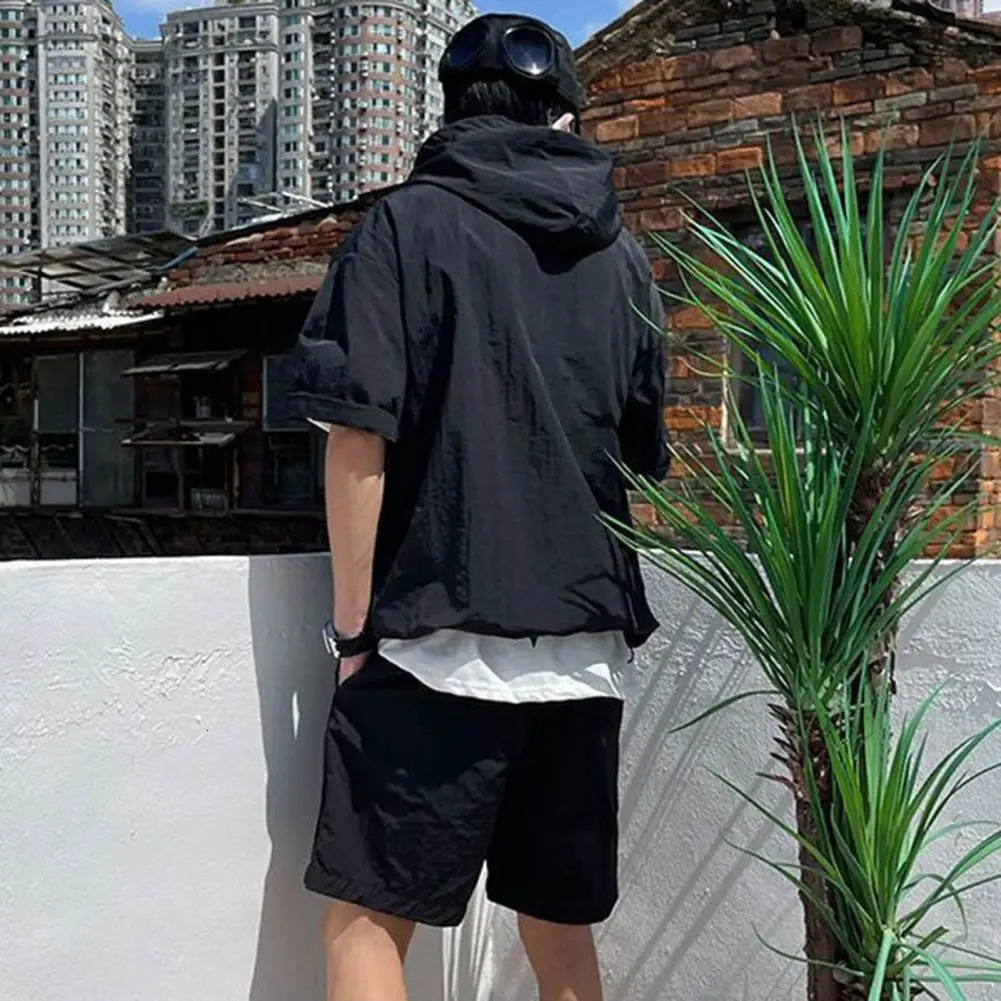 2PcsSet Men Casual Outfit Hooded Short Sleeve T-shirt Zipper Neckline Elastic Waist Wide Leg Shorts Set Loose Fit Outfit 250811