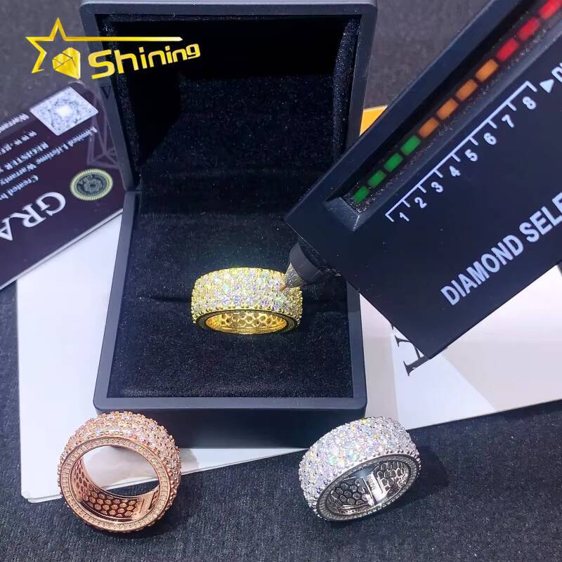 Fine Jewelry S925 Silver Hip Hop Three Rows Moissanite Ring Custom Iced Out Diamond Ring Band for Men Women