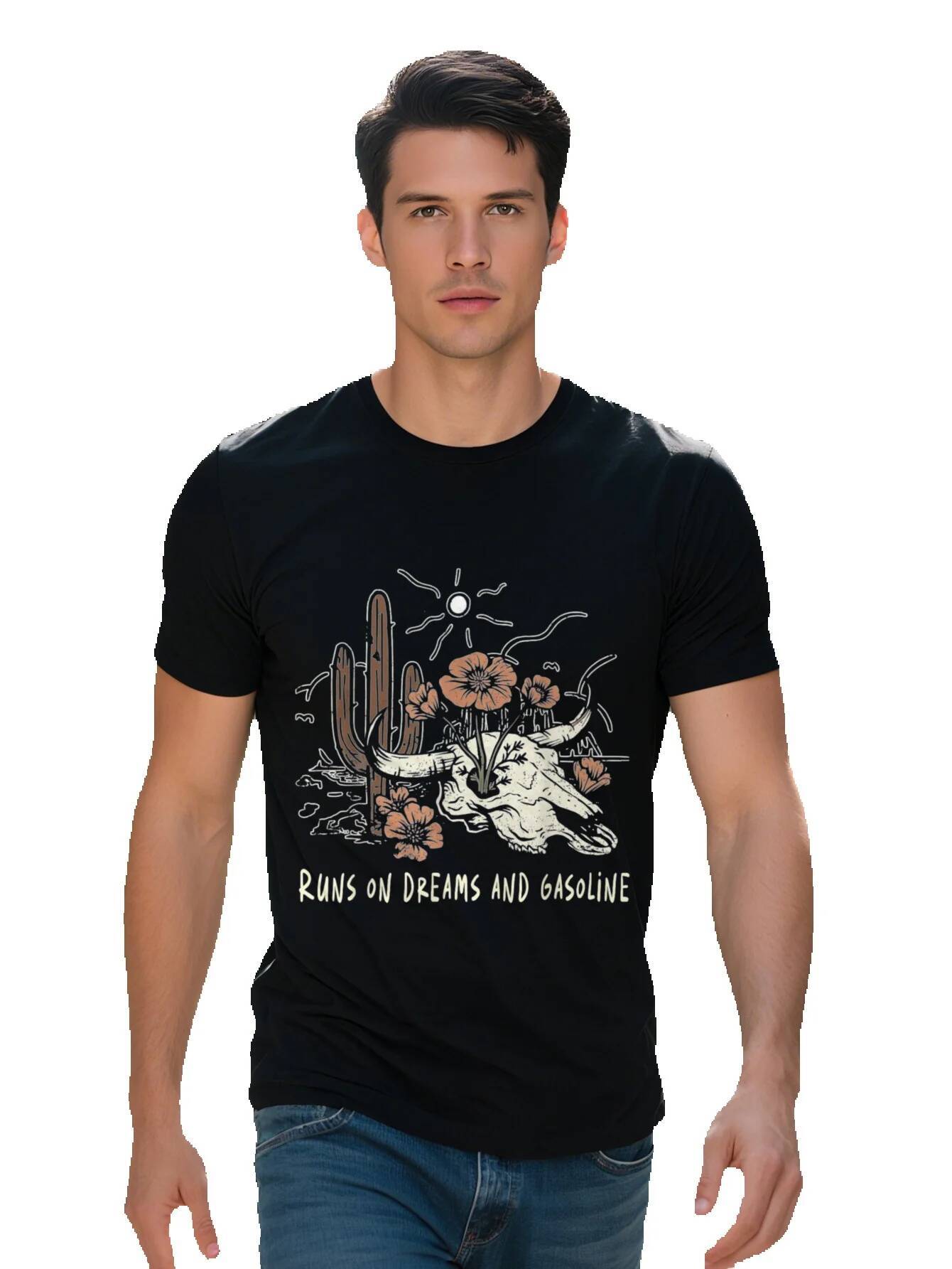 Men s Cotton Graphic T Shirt Runs On Dreams And Gasoline Country Music Bull Skull Design Black Short Sleeve 335a1