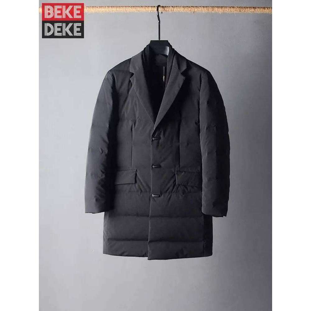Business Casual New Winter Mens Down Coat Thick Warm Lapel Middle Long Suit Jacket Single Breasted Fashion Slim FIt Overcoat