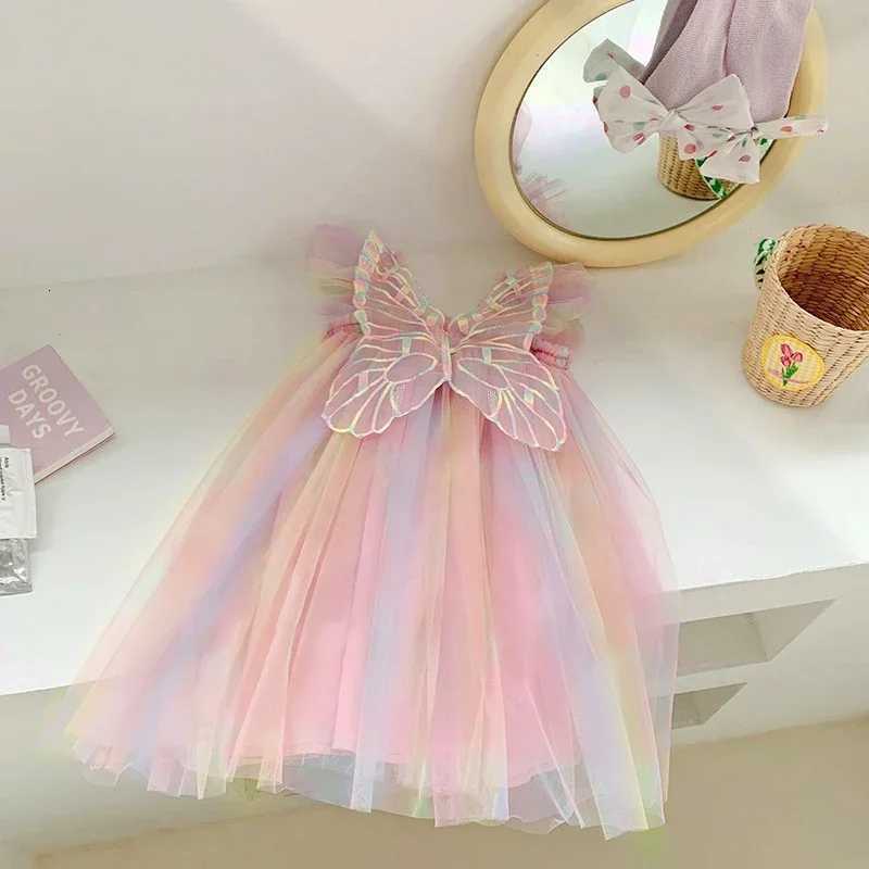Baby Girls Gradient Rainbow Tulle Sling Dress Back Butterfly Mesh Vintage Dress Children Wedding Birthday Party Princess Dress W250811