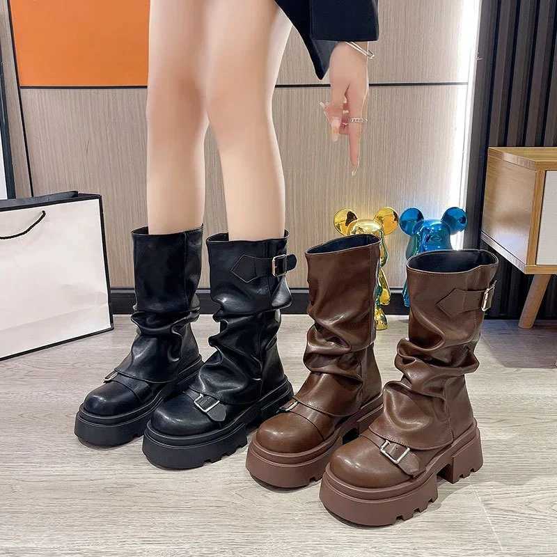 Womens Boots Brown Maillard Retro New Spring Autumn Height Increasing Comfortable Anti Slip Fashion Belt Buckle Boots 2025 W250811