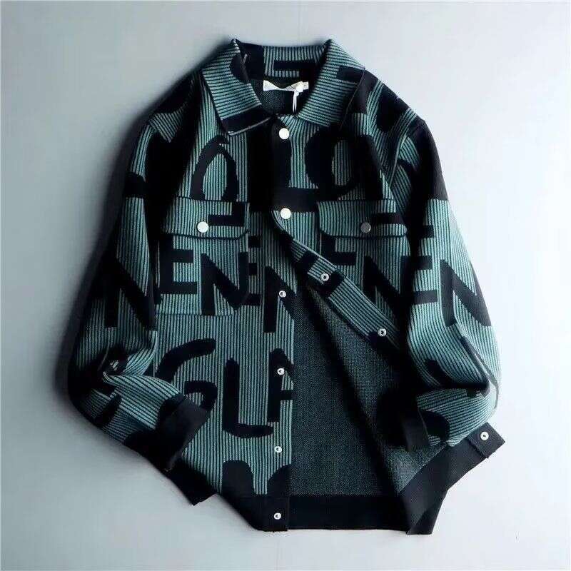 Men's Clothing Autumn And Winter Retro Knitted Cardigan Personalized Letter Lapel Casual Tops Loose Jacket Coat