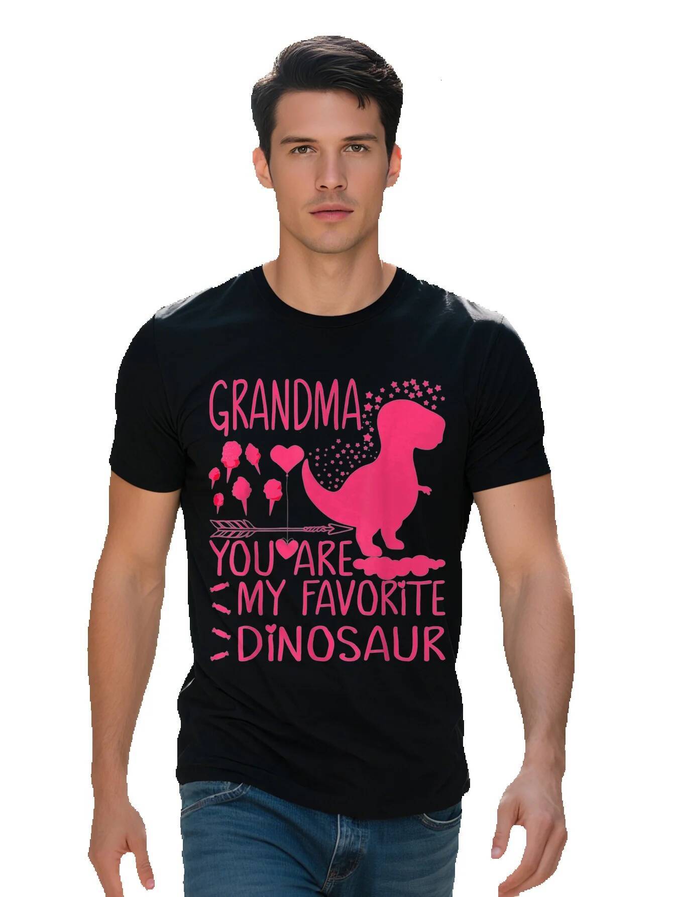 Men's Grandma You Are My Favorite Dinosaur Graphic T-Shirt Cotton Short Sleeve Crew Neck in Black with Pink Dino 31636