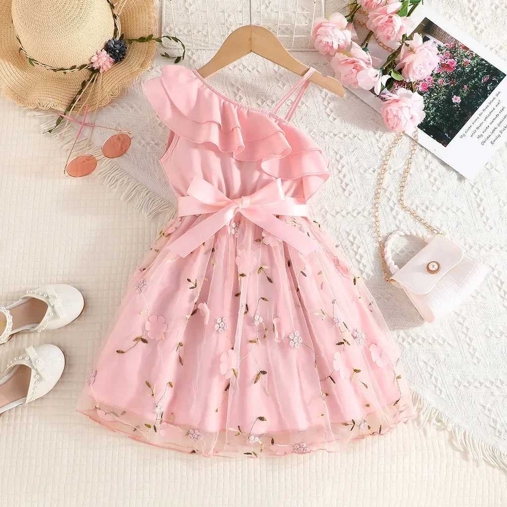 2-7 Years Old Birthday Ruffled Embroidered Sleeveless Floral Princess Dresses Ootd For Baby Girl W250811