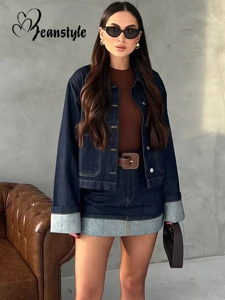 Patchwork Denim Women Skirt Suits Turn-down Collar Single Breasted Coat Mini Skirts 2025 Spring Fashion Lady 2 Pieces Sets 250811