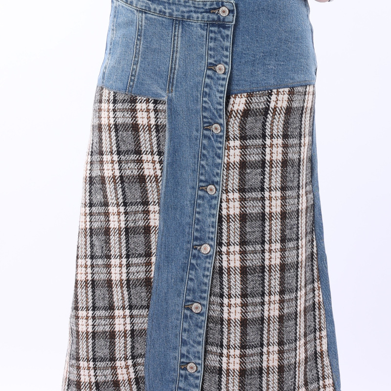 Women's denim plaid patchwork midi skirt
