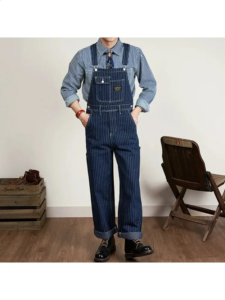 American Vintage Raw Blue Denim Jumpsuits for Men Vertical Striped Wide Leg Loose Straight Overalls Pants Jeans Amekaji Workwear 250729