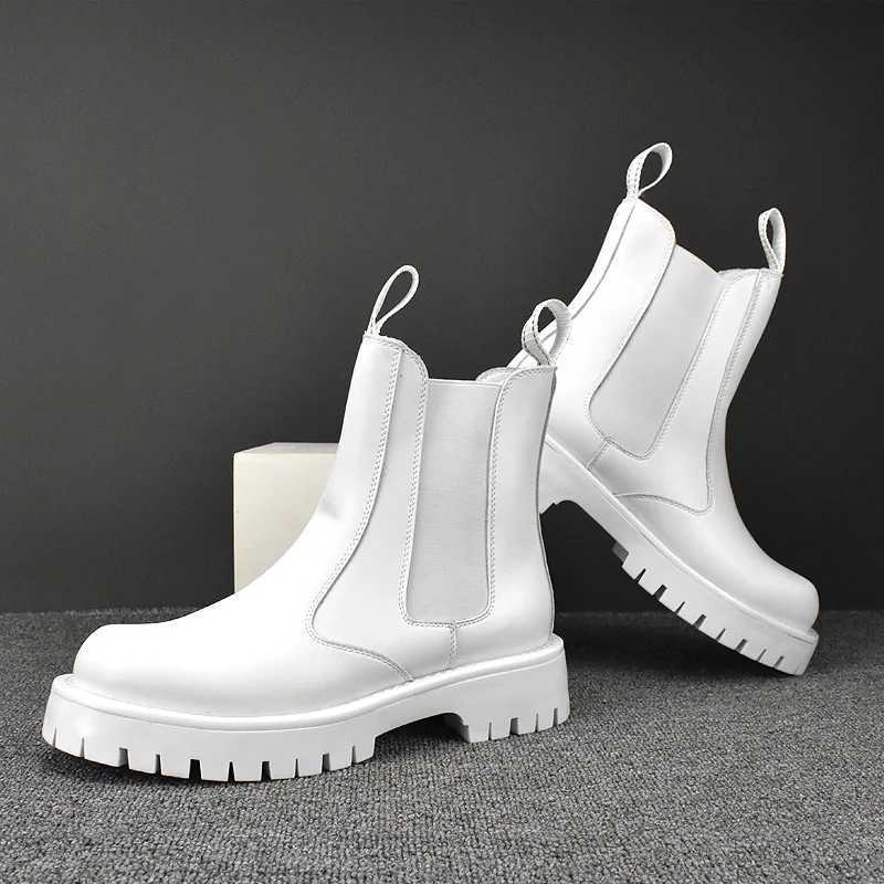 Korean Style Mens Chelsea Boots Black White Casual Shoes Stage Nightclub High Motorcycle Boot Original Leather Platform Botas W250811