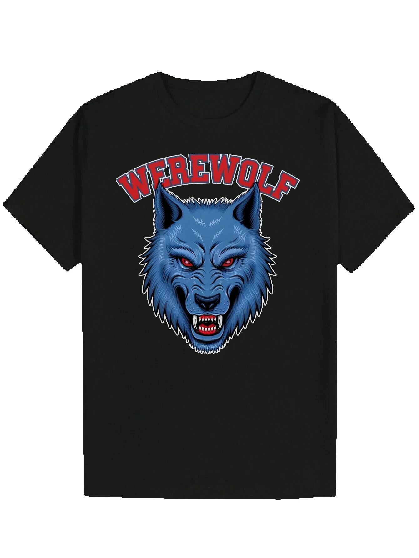 Men's Summer Round Neck with Blue Wolf Pattern - "Werewolf" Text Design, Black Polyester, Casual Wear Bold Graphic T-Shirt | Polyester 
