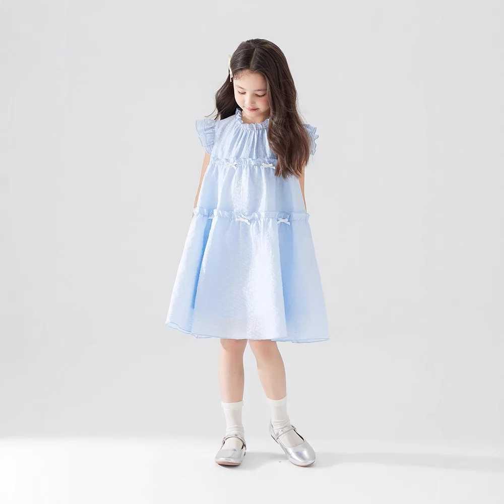 Girls Summer Dress Sweet Flying Sleeve Bow Lace Ruched Kids Girls Princess Dress Thin Cotton Cool Children Girls Dress W250811