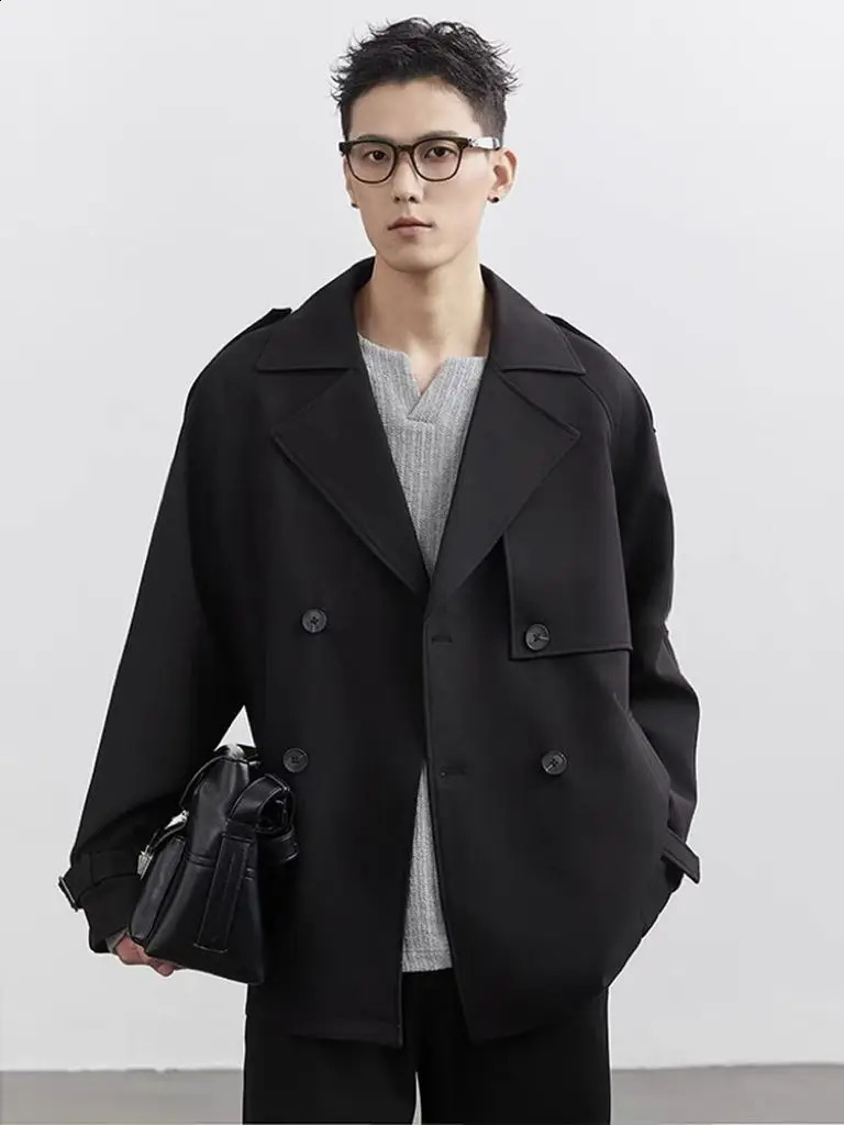 Spring and Autumn Suit Collar Windbreaker Short Coat Men Clothing Korean StyleSolid Color Loose Casual Trench Coat for Men 250805