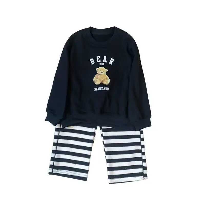 Korean Children Girls Sweatshirt Outfits Autumn Bear Tops+striped Wide Leg Pants 2PCS Clothes Set Casual Kids Girl Suits Z250811