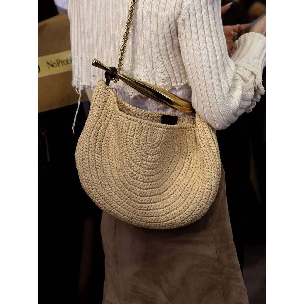 Classic Beach Straw Woven Bags For Women Designer Handbag Purse 2025 New In Sequined Handle Chain Strap Underarm Shoulder