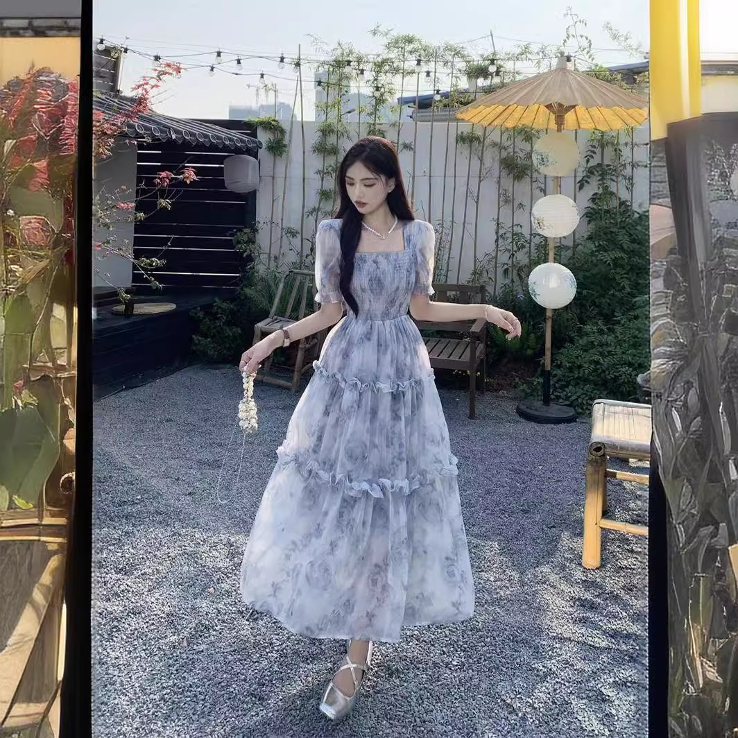 2025 Summer New Women's Retro Square Neck Women's trend Flower Dress Summer New Super Fairy Mori Style Slimming Ruffle Long Dress New Design
