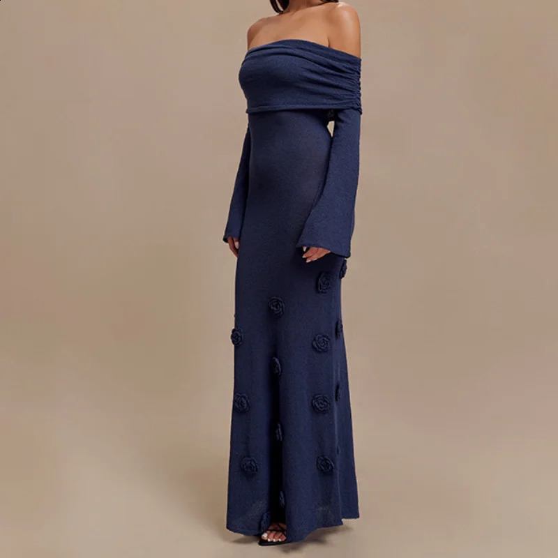 Off Shoulder Knitted Long Dresses Elegant Flowers Beach Maxi Dress Fashion Slim Party Robes Chic Lady Evening Gown 250805