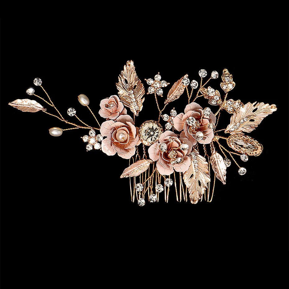 Gold Color Floral Wedding Hair Combs Bridal Accessoaries for Women Bride Pearl Headpiece Jewelry Bridesmaid Gift 250804