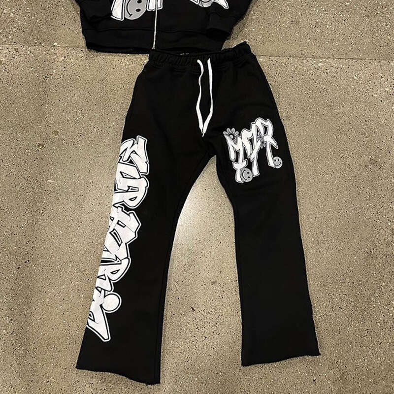 Trendy 2024 Autumn Winter New High Printed Hooded Hip Hop Street Style Casual Sweatshirt Set