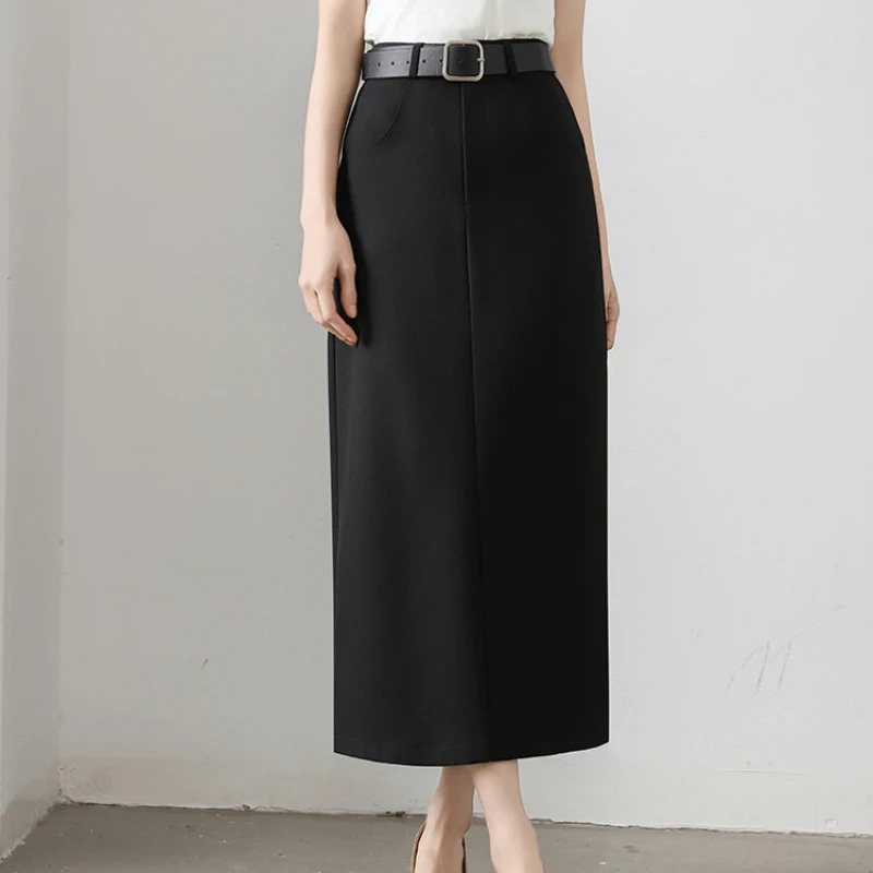 Spring Summer Vintage Grey Back Split Womens Wrap Skirts High Waist Office Lady Sheath Pencil Long for 250811