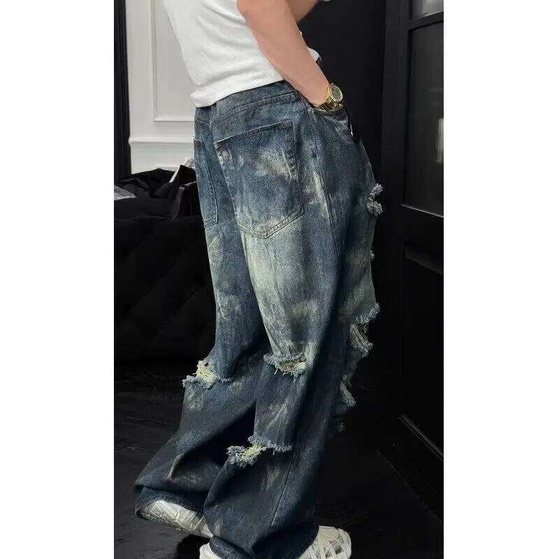 Mens Loose Fit Straight Leg Jeans Dark Blue Ripped Distressed Trendy Streetwear Fashion Casual Urban Denim Pants Hip Hop Style