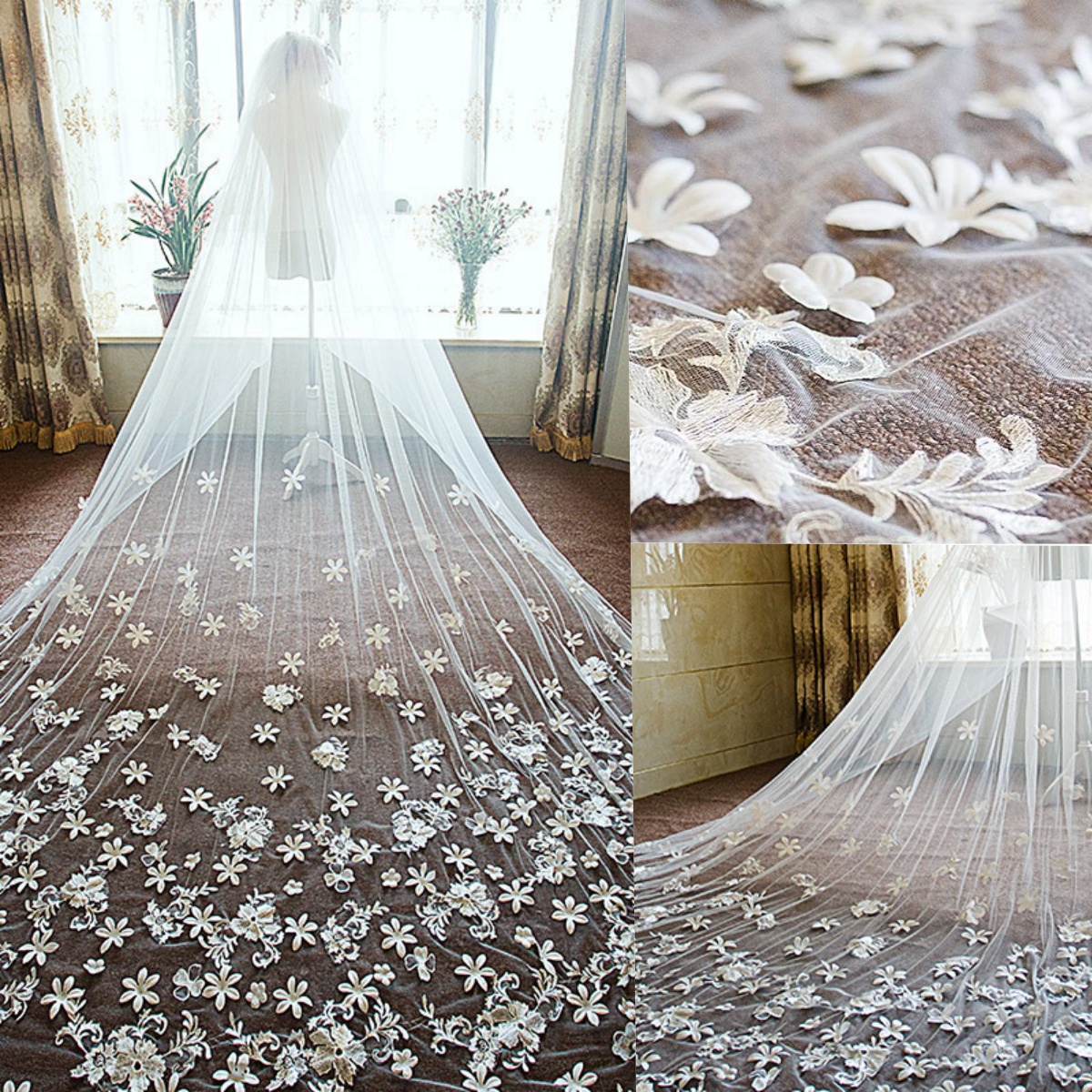 Luxurious Wedding Veils 3D Flowers Floral Appliques With Comb Bridal Veils Long Cathedral Length Marriage Accessories